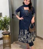 Floral embroidered blue pure cotton  kurta trouser and dupatta set