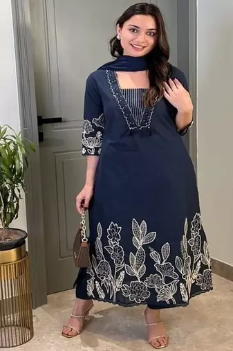 Floral embroidered blue  cotton  kurta trouser and dupatta set