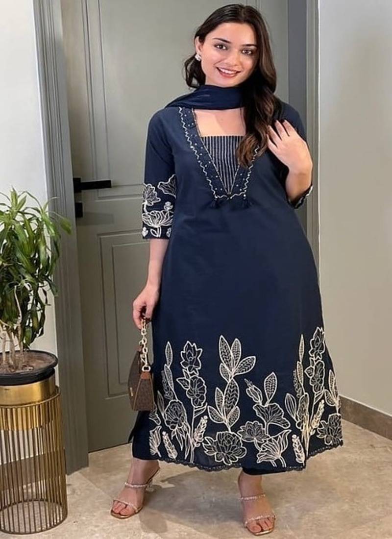 Floral embroidered blue pure cotton  kurta trouser and dupatta set