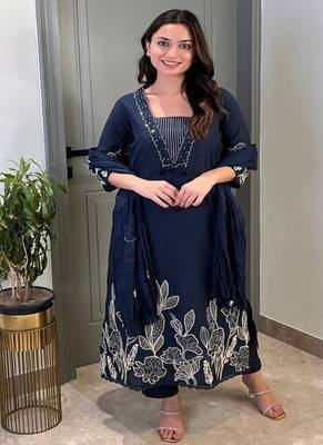 Floral embroidered blue  cotton  kurta trouser and dupatta set 3