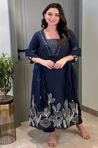 Floral embroidered blue  cotton  kurta trouser and dupatta set