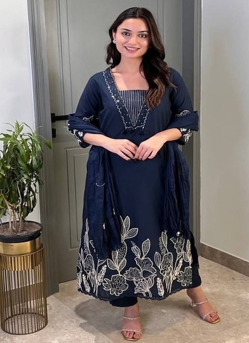 Floral embroidered blue pure cotton  kurta trouser and dupatta set