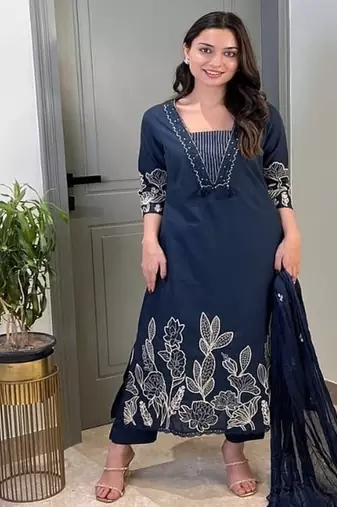 Floral embroidered blue  cotton  kurta trouser and dupatta set