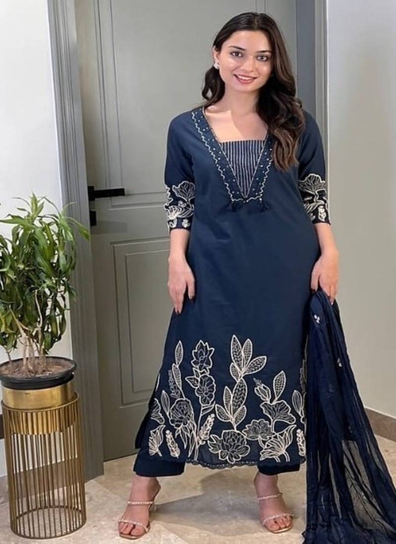 Floral embroidered blue pure cotton  kurta trouser and dupatta set