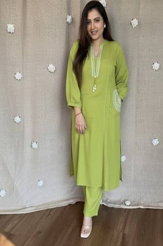 Floral embroidered green pure cotton  kurta & trouser