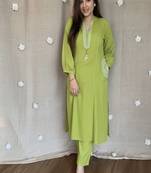 Floral embroidered green pure cotton  kurta & trouser
