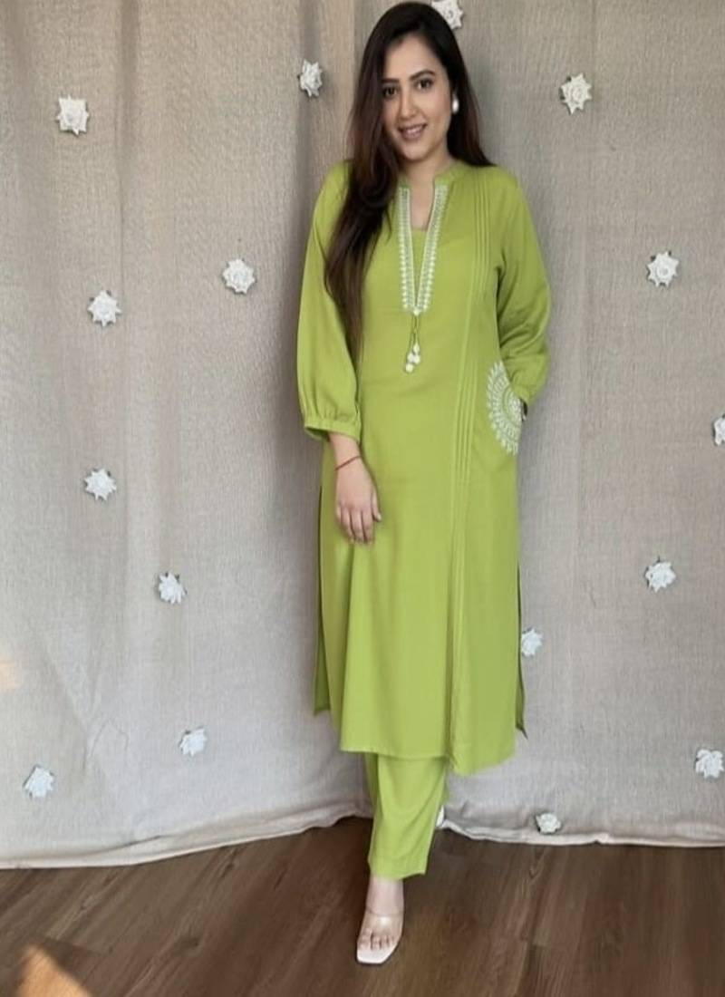 Floral embroidered green pure cotton  kurta & trouser