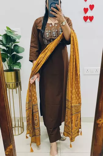 Floral embroidered yellow pure cotton  kurta trouser and dupatta set