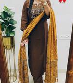 Floral embroidered yellow pure cotton  kurta trouser and dupatta set