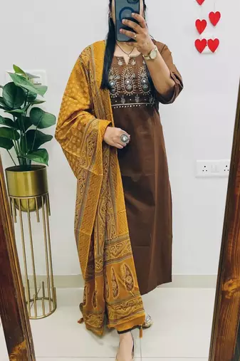 Floral embroidered yellow  cotton  kurta trouser and dupatta set