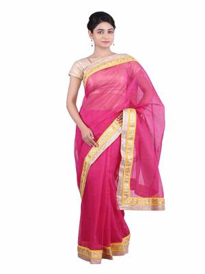 magenta kota doria silk saree with zari border 1