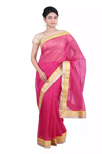 Magenta Zari Border Kota Doria Silk Saree