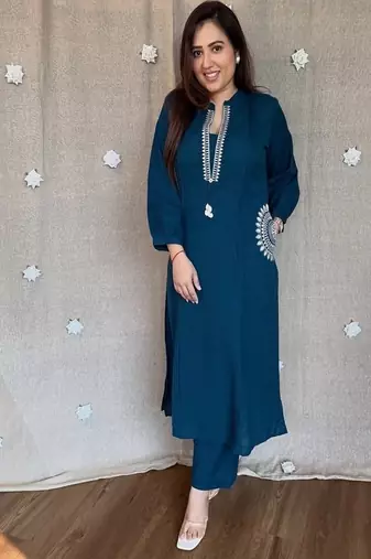 Floral embroidered blue pure cotton  kurta & trouser