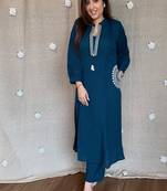 Floral embroidered blue pure cotton  kurta & trouser