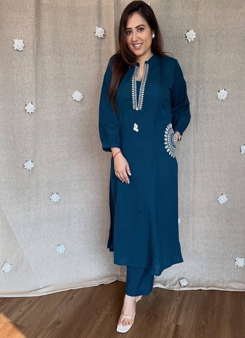 Floral embroidered blue pure cotton  kurta & trouser