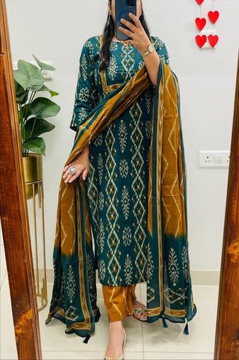 Floral embroidered red pure cotton  kurta trouser and dupatta set