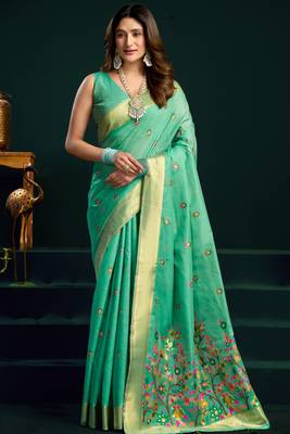 sea green premium munga cotton mina work saree with zari border & pum pum lace 1