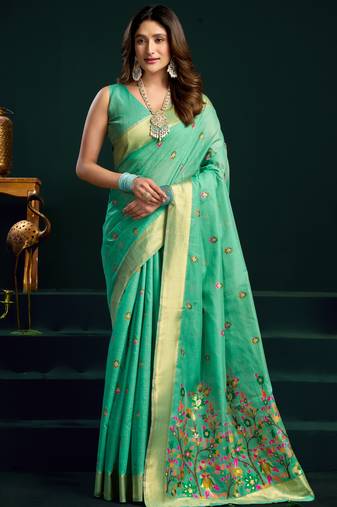 sea green premium munga cotton mina work saree with zari border & pum pum lace