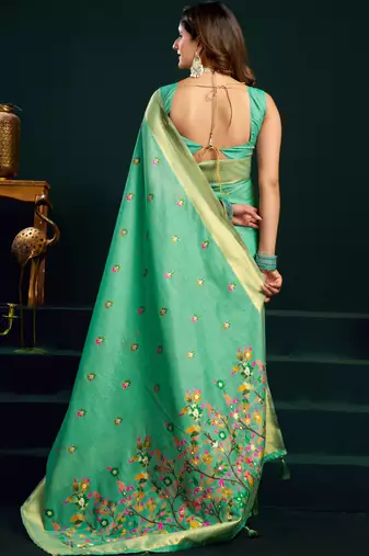 sea green premium munga cotton mina work saree with zari border & pum pum lace