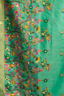 sea green premium munga cotton mina work saree with zari border & pum pum lace 4