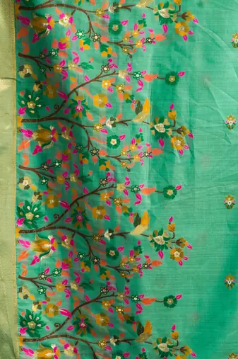 sea green premium munga cotton mina work saree with zari border & pum pum lace