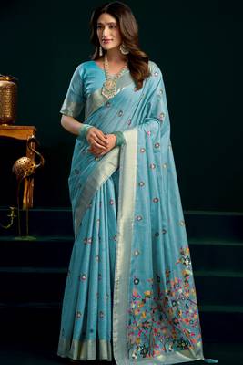 light green premium munga cotton mina work saree with zari border & pum pum lace 1