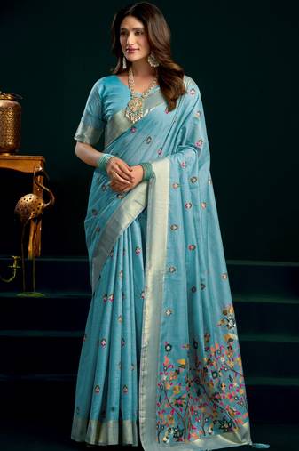 light green premium munga cotton mina work saree with zari border & pum pum lace