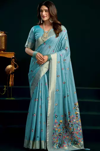 light green premium munga cotton mina work saree with zari border & pum pum lace