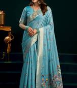 light green premium munga cotton mina work saree with zari border & pum pum lace