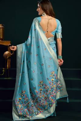 light green premium munga cotton mina work saree with zari border & pum pum lace 2