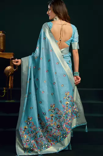 light green premium munga cotton mina work saree with zari border & pum pum lace