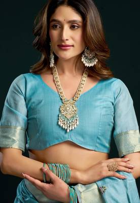 light green premium munga cotton mina work saree with zari border & pum pum lace 3