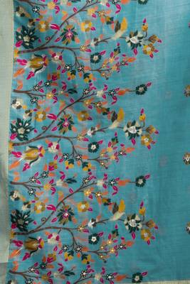 light green premium munga cotton mina work saree with zari border & pum pum lace 4