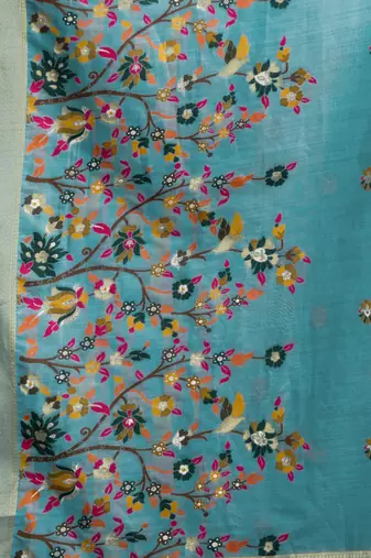 light green premium munga cotton mina work saree with zari border & pum pum lace