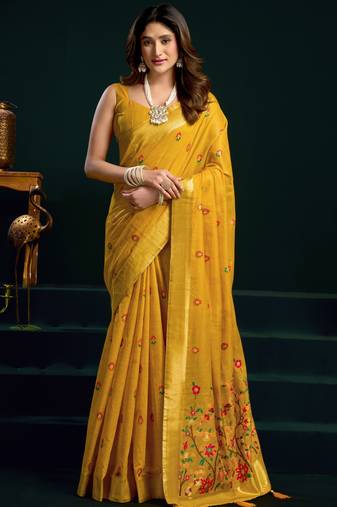dark yellow premium munga cotton mina work saree with zari border & pum pum lace