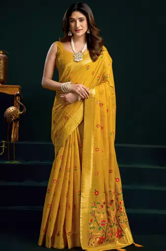 dark yellow premium munga cotton mina work saree with zari border & pum pum lace