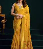 dark yellow premium munga cotton mina work saree with zari border & pum pum lace