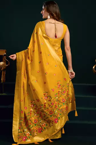 dark yellow premium munga cotton mina work saree with zari border & pum pum lace
