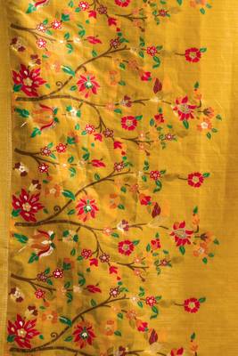 dark yellow premium munga cotton mina work saree with zari border & pum pum lace 4