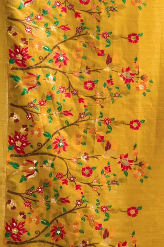 dark yellow premium munga cotton mina work saree with zari border & pum pum lace