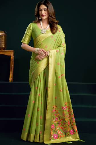 parrot green premium munga cotton mina work saree with zari border & pum pum lace