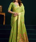 parrot green premium munga cotton mina work saree with zari border & pum pum lace