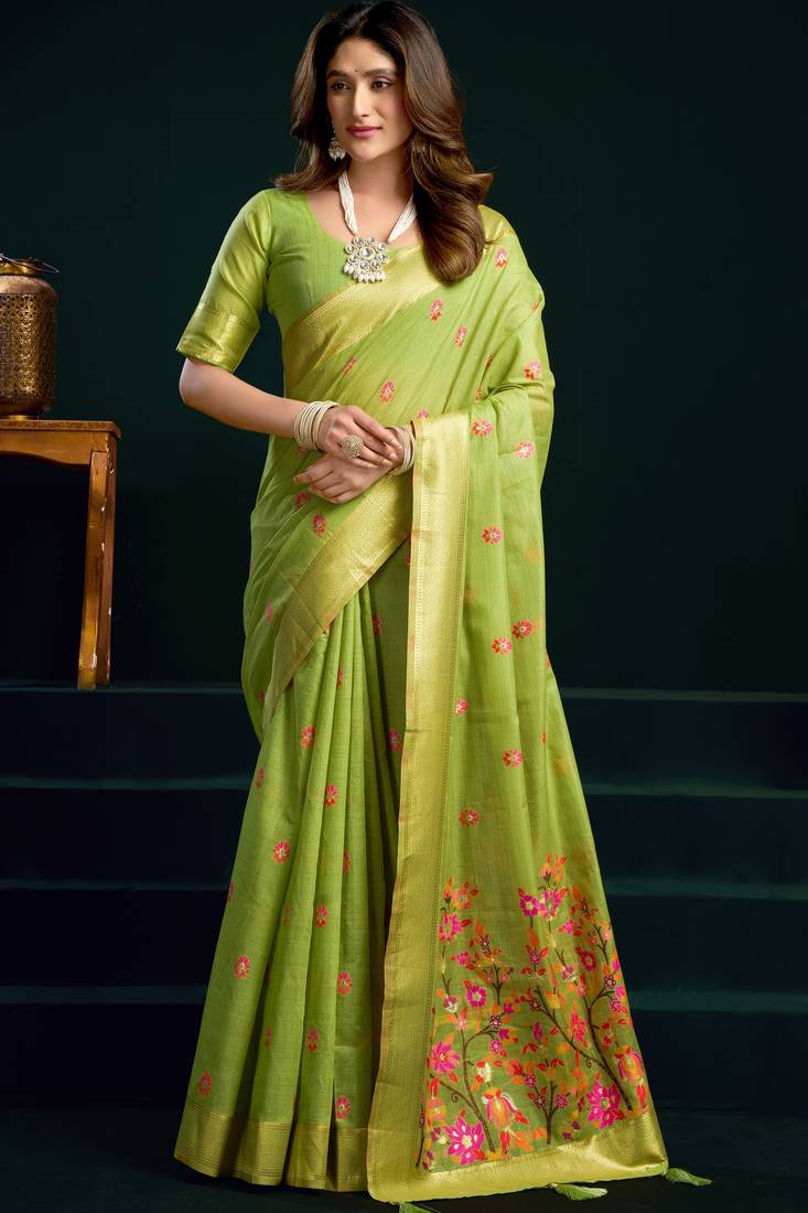 parrot green premium munga cotton mina work saree with zari border & pum pum lace