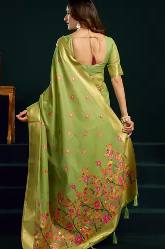 parrot green premium munga cotton mina work saree with zari border & pum pum lace