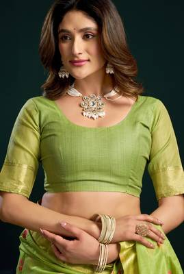 parrot green premium munga cotton mina work saree with zari border & pum pum lace 3