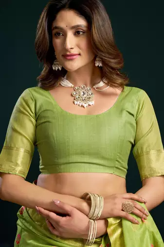 parrot green premium munga cotton mina work saree with zari border & pum pum lace