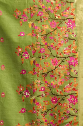 parrot green premium munga cotton mina work saree with zari border & pum pum lace