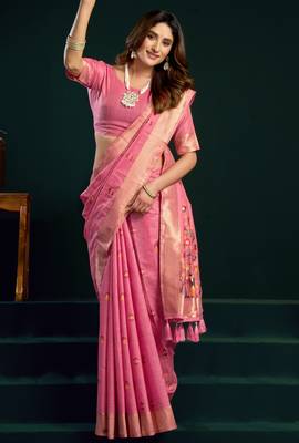 baby pink premium munga cotton mina work saree with zari border & pum pum lace 1