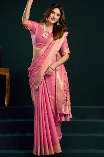 baby pink premium munga cotton mina work saree with zari border & pum pum lace