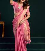 baby pink premium munga cotton mina work saree with zari border & pum pum lace